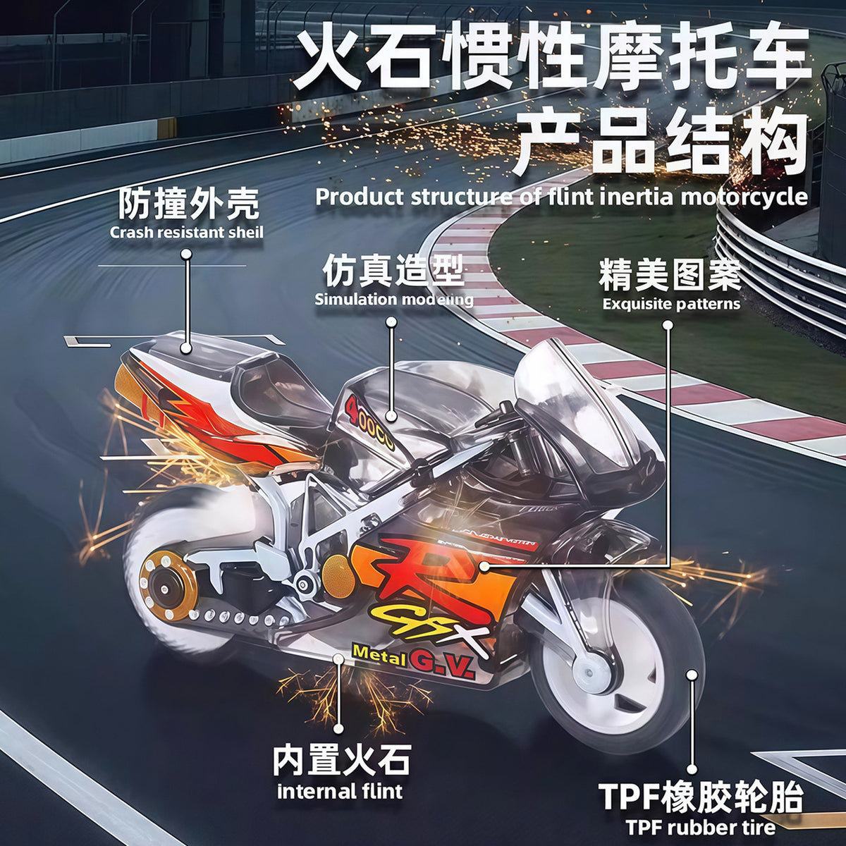 Spark Motorcycle Ultra-Cool Stunt Firestone Inertial Motorcycle Pull-Back Sliding Bike Mini Simulation Toy - image 4