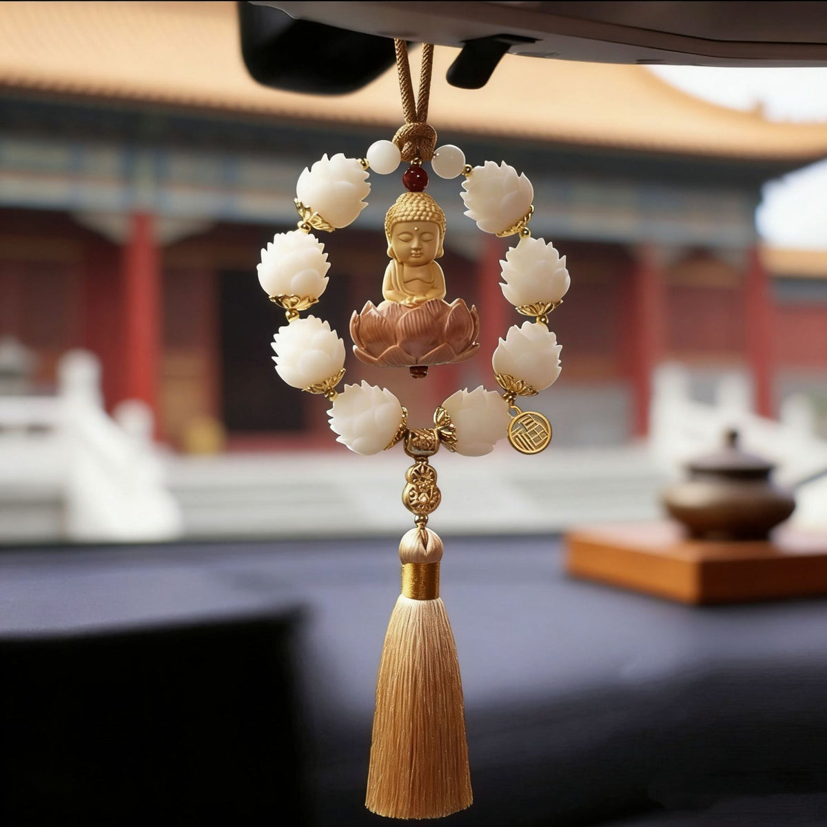 Good Luck Car Pendant: Yellow Willow Wood Guanyin Ornament for Car Interior, Peach Wood Lotus Rearview Mirror Decoration Hanging Pendant - image 1