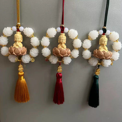 Good Luck Car Pendant: Yellow Willow Wood Guanyin Ornament for Car Interior, Peach Wood Lotus Rearview Mirror Decoration Hanging Pendant - image 3