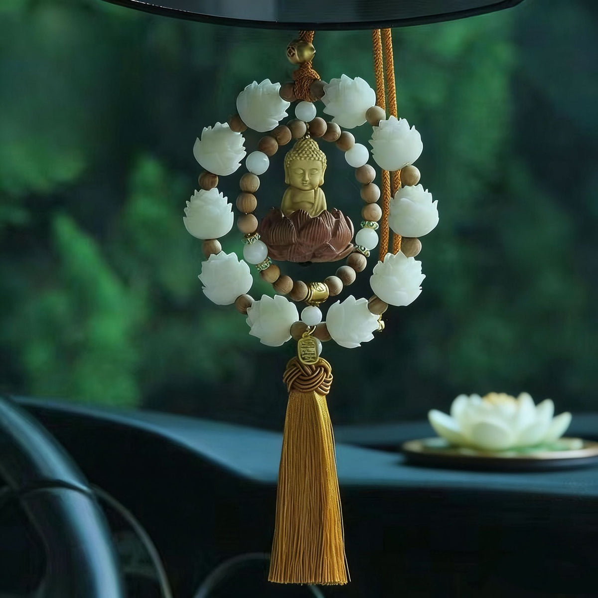 Good Luck Car Pendant: Yellow Willow Wood Guanyin Ornament for Car Interior, Peach Wood Lotus Rearview Mirror Decoration Hanging Pendant - image 4