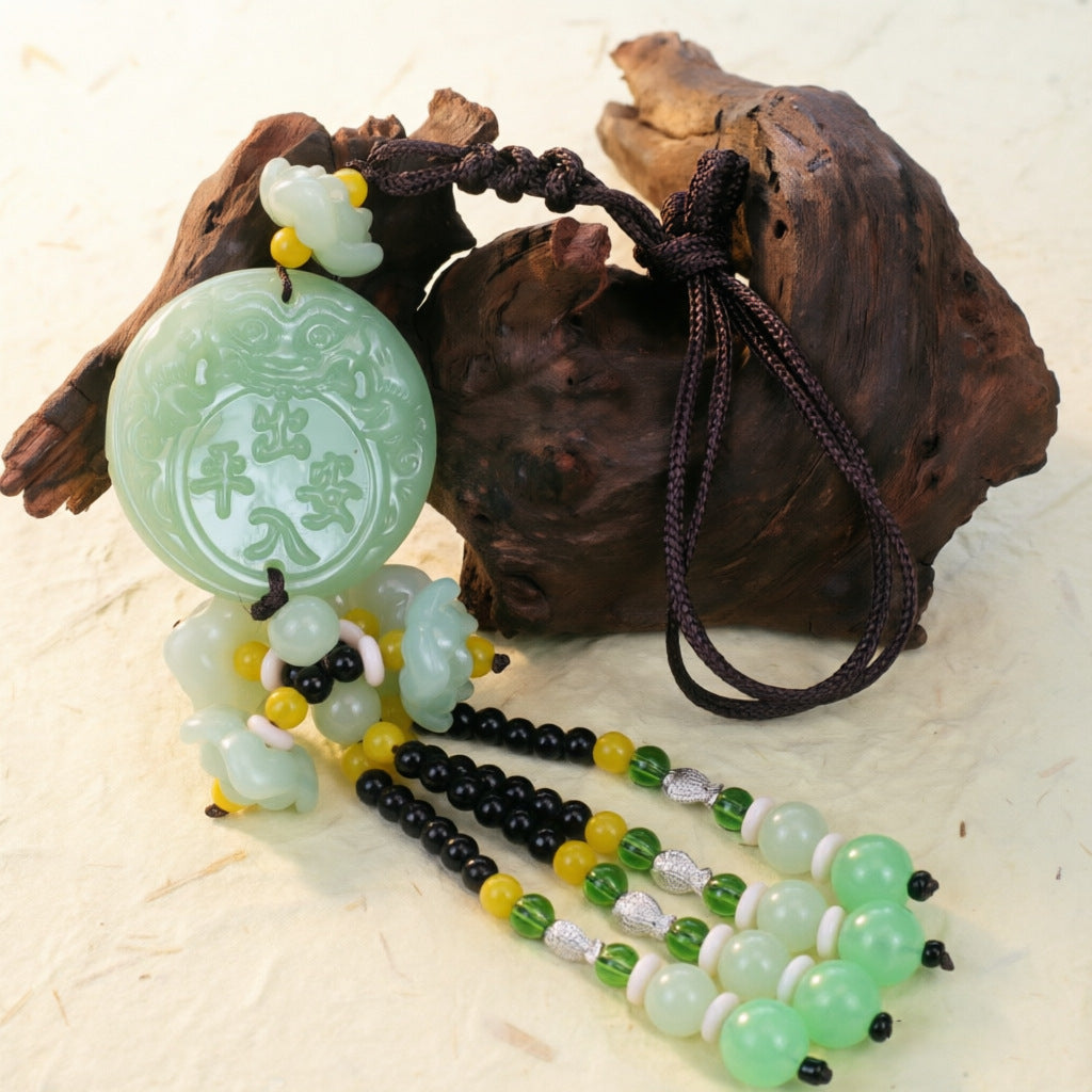 Double-Sided Light Green Jade Pendant with Safe Journey Symbol, Gourd, Pixiu, Guanyin, Maitreya Buddha, and Lotus Design for Car Decoration - image 1