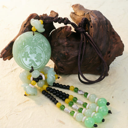 Double-Sided Light Green Jade Pendant with Safe Journey Symbol, Gourd, Pixiu, Guanyin, Maitreya Buddha, and Lotus Design for Car Decoration - image 1