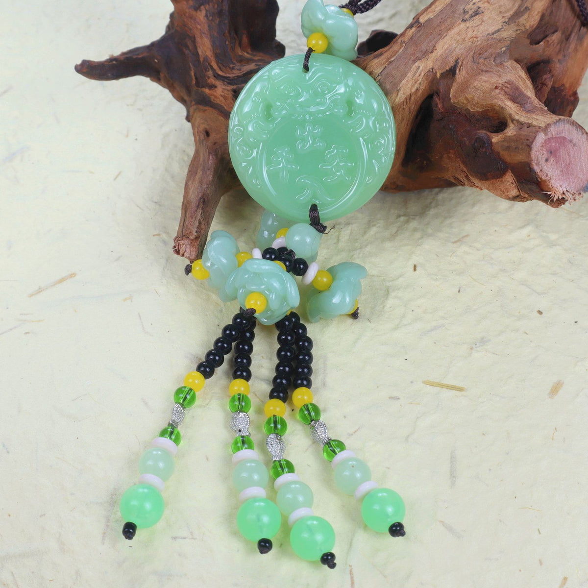 Double-Sided Light Green Jade Pendant with Safe Journey Symbol, Gourd, Pixiu, Guanyin, Maitreya Buddha, and Lotus Design for Car Decoration - image 2