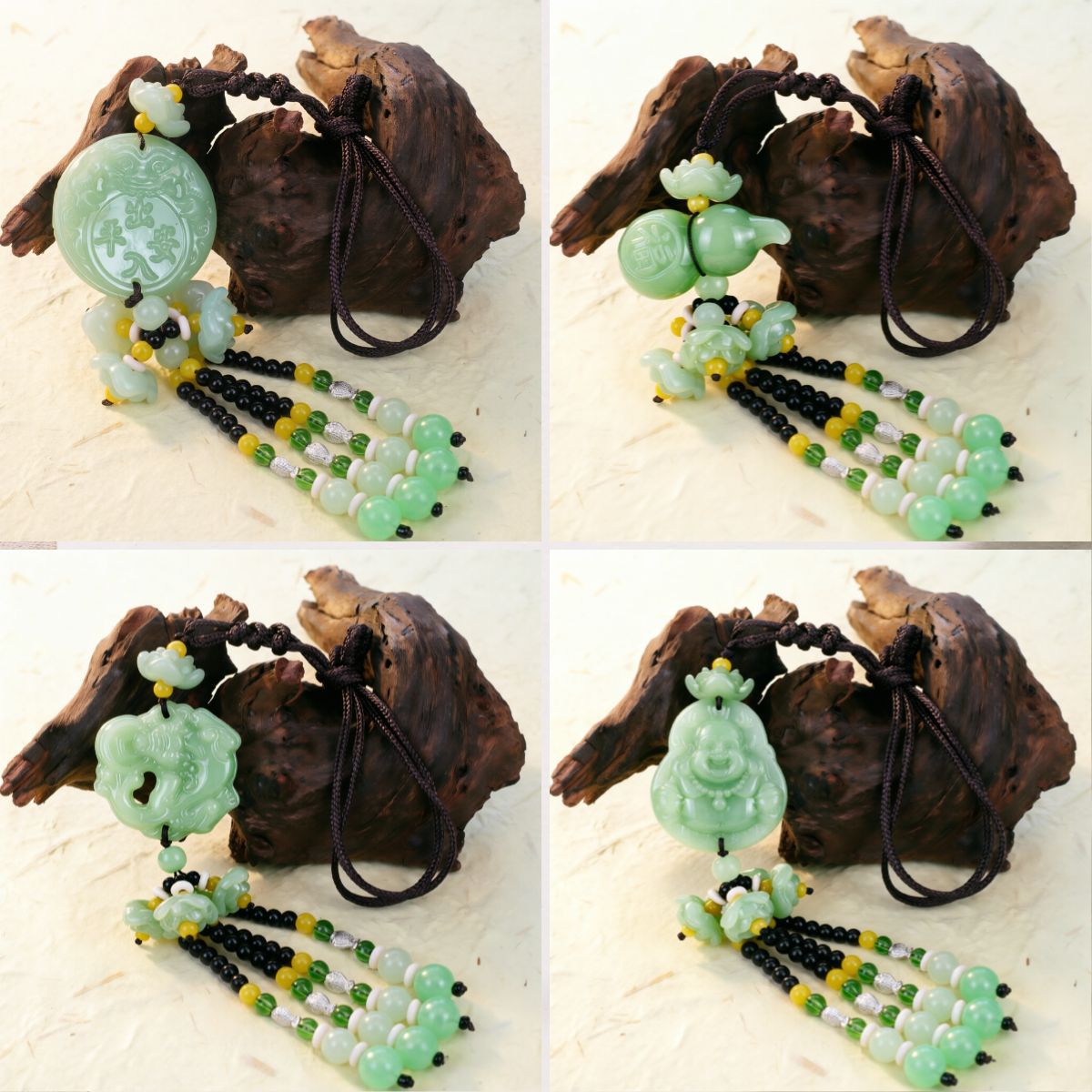 Double-Sided Light Green Jade Pendant with Safe Journey Symbol, Gourd, Pixiu, Guanyin, Maitreya Buddha, and Lotus Design for Car Decoration - image 3