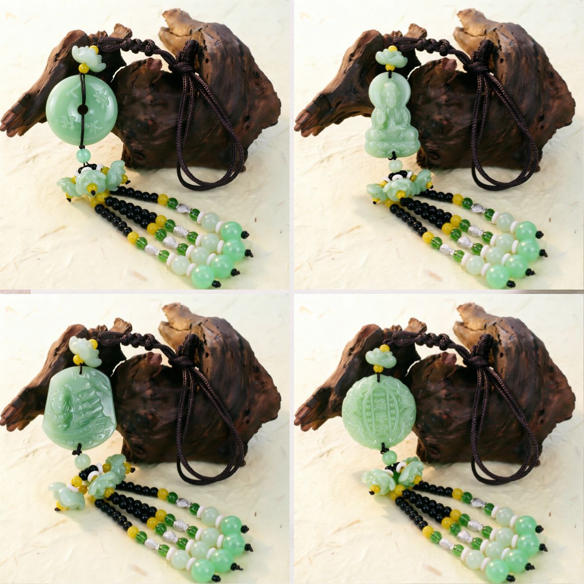 Double-Sided Light Green Jade Pendant with Safe Journey Symbol, Gourd, Pixiu, Guanyin, Maitreya Buddha, and Lotus Design for Car Decoration - image 4