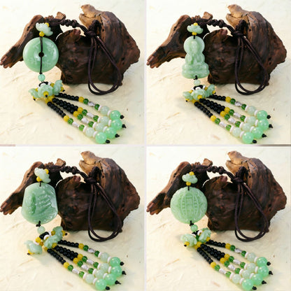 Double-Sided Light Green Jade Pendant with Safe Journey Symbol, Gourd, Pixiu, Guanyin, Maitreya Buddha, and Lotus Design for Car Decoration - image 4