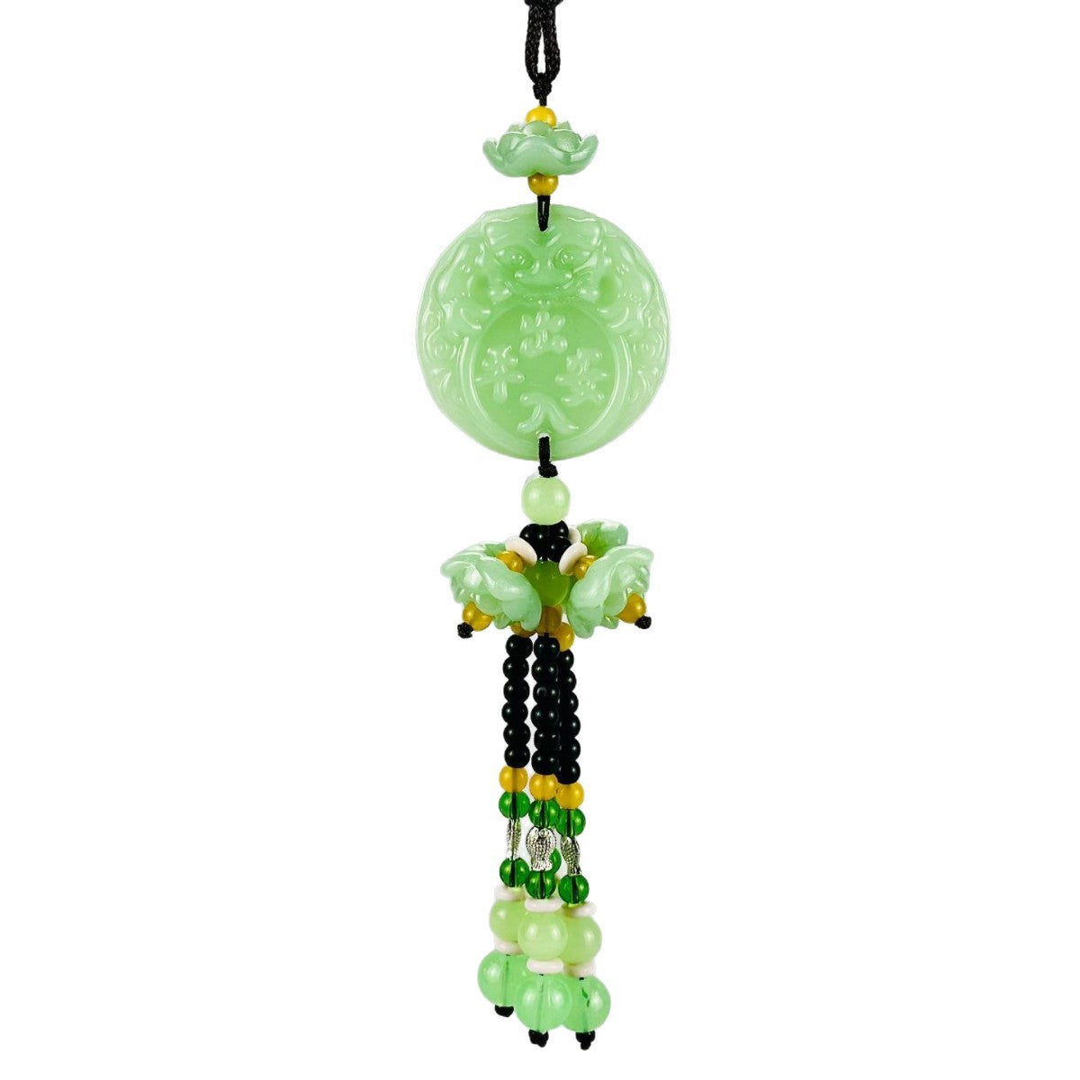 Double-Sided Light Green Jade Pendant with Safe Journey Symbol, Gourd, Pixiu, Guanyin, Maitreya Buddha, and Lotus Design for Car Decoration - image 5