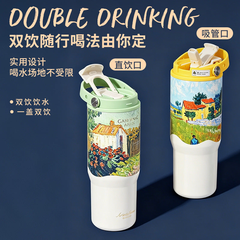 Van Gogh Oil Painting Style Portable Thermos Cup, Large Capacity Car Coffee Cup, Ice Cup, Stainless Steel Student Water Cup, Customized - image 2