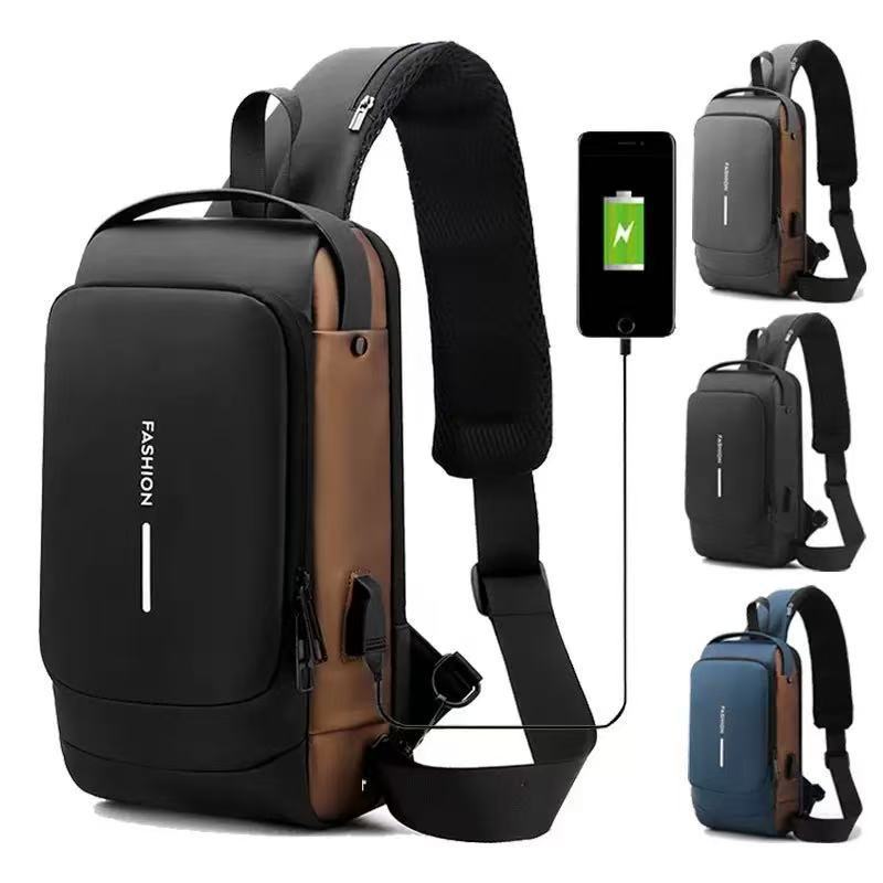 Waterproof Color-Blocked Motorcycle Bag with Password Lock, Anti-Theft Chest Bag, Men's Crossbody Chest Bag, Outdoor Sports Chest Bag with USB Port - image 3