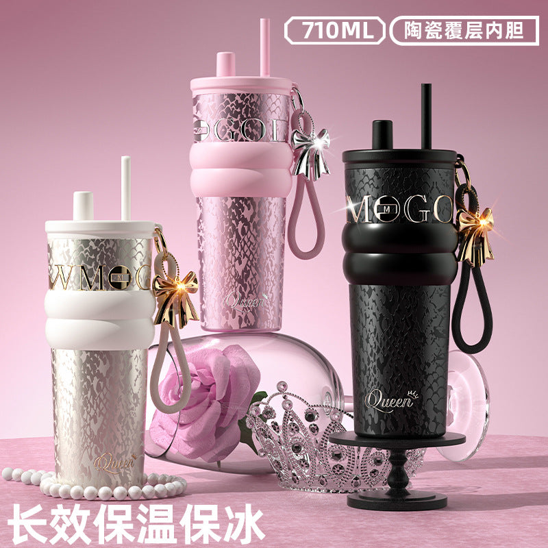 Cross-Border Large-Capacity Ice-Retaining Thermos Cup 316 Stainless Steel Portable Coffee Cup for Women, Light Luxury Car-Mounted Straw Water Cup - image 2