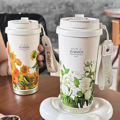 High-Appearance Double-Drink Coffee Cup, 316 Stainless Steel Ceramic Thermos Cup with Straw, Portable Car Water Cup for Girls, New - image 1
