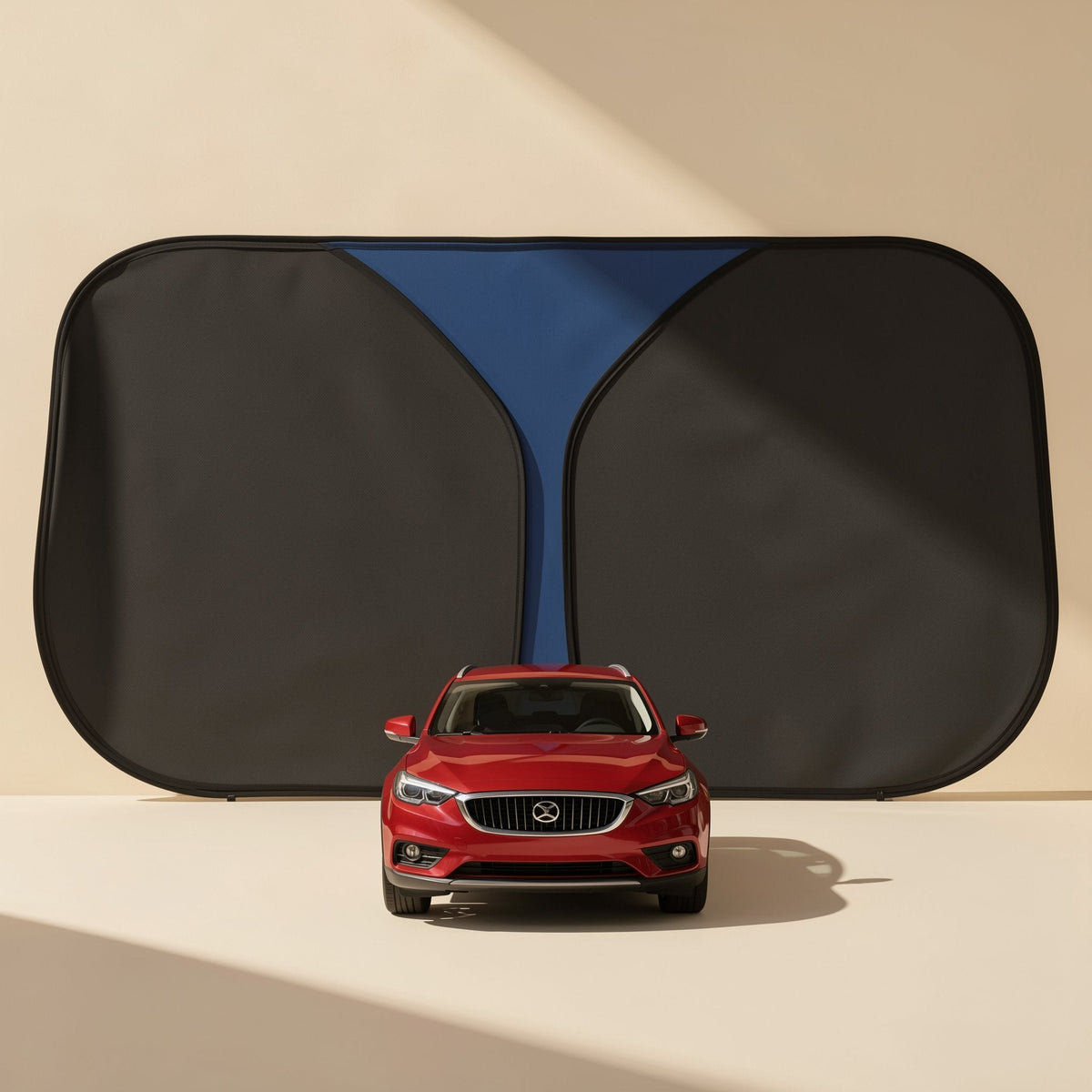 Foldable titanium silver car window sunshade described for Tesla Model 3 and Model Y - view 2