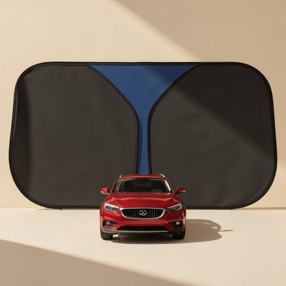 Foldable titanium silver car window sunshade described for Tesla Model 3 and Model Y - view 2
