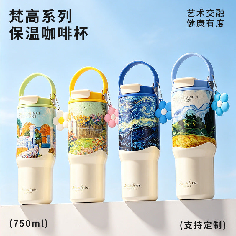 Van Gogh thermos cup with ceramic liner, custom stainless steel large-capacity car cup for women, light luxury with a high-end feel - image 1