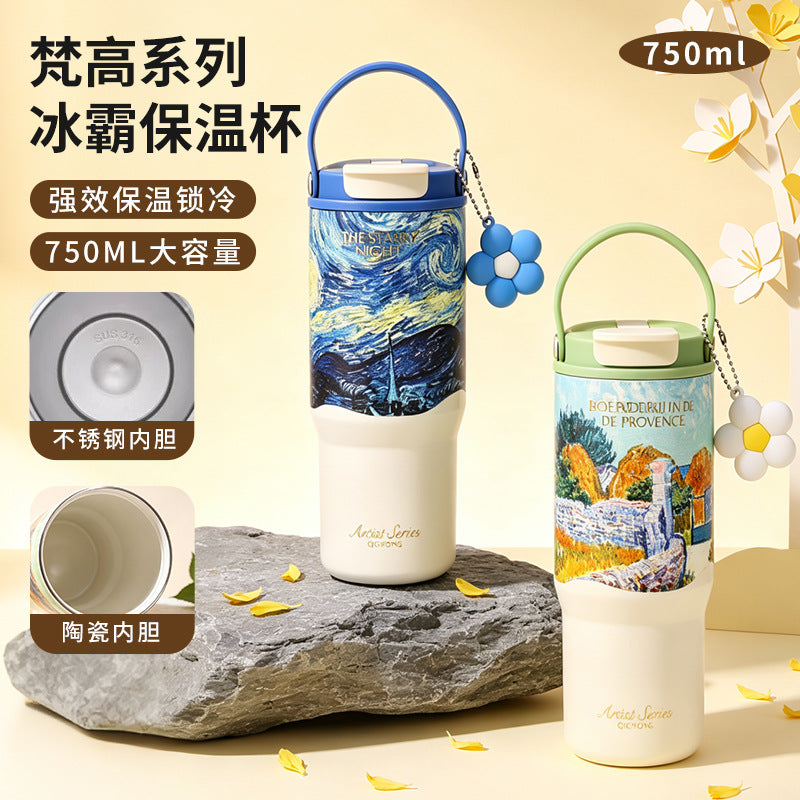 Van Gogh thermos cup with ceramic liner, custom stainless steel large-capacity car cup for women, light luxury with a high-end feel - image 2