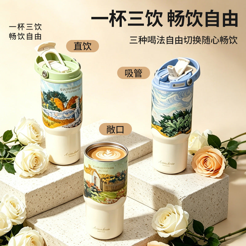 Van Gogh thermos cup with ceramic liner, custom stainless steel large-capacity car cup for women, light luxury with a high-end feel - image 3