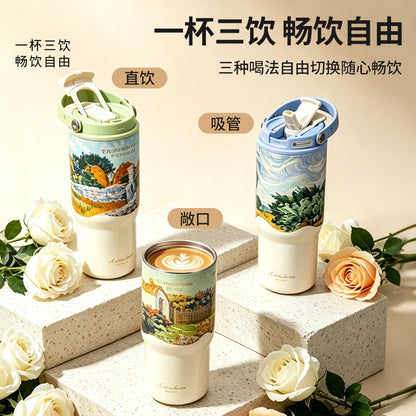 Van Gogh thermos cup with ceramic liner, custom stainless steel large-capacity car cup for women, light luxury with a high-end feel - image 3