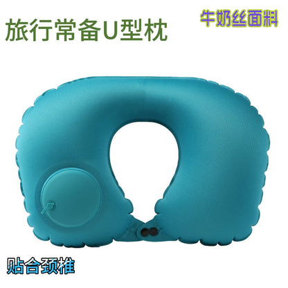 Inflatable U-shaped pillow with flocked fabric, portable press-type neck support pillow for travel, airplane, car, and nap use - image 1