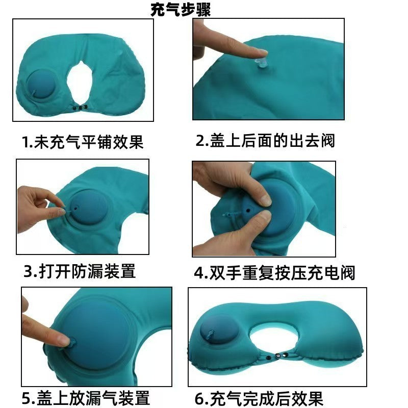 Inflatable U-shaped pillow with flocked fabric, portable press-type neck support pillow for travel, airplane, car, and nap use - image 2