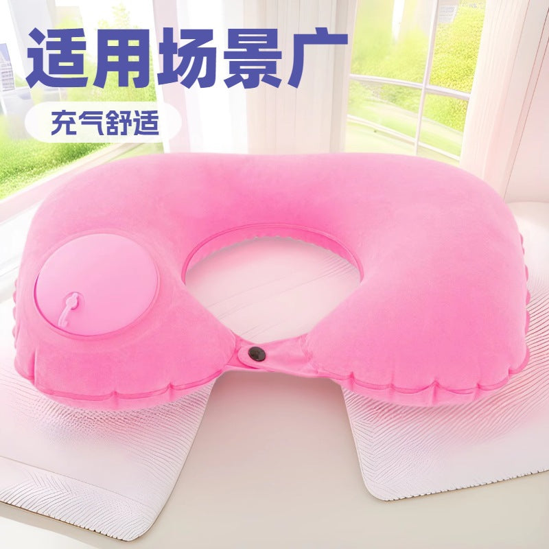 Inflatable U-shaped pillow with flocked fabric, portable press-type neck support pillow for travel, airplane, car, and nap use - image 3