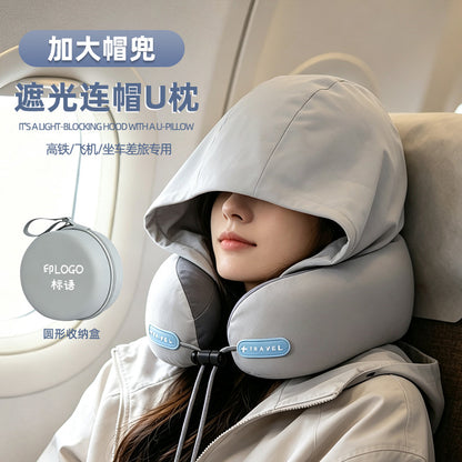 Non-deforming U-shaped neck pillow for car, hooded travel portable memory foam U-shaped headrest with light blocking - image 1