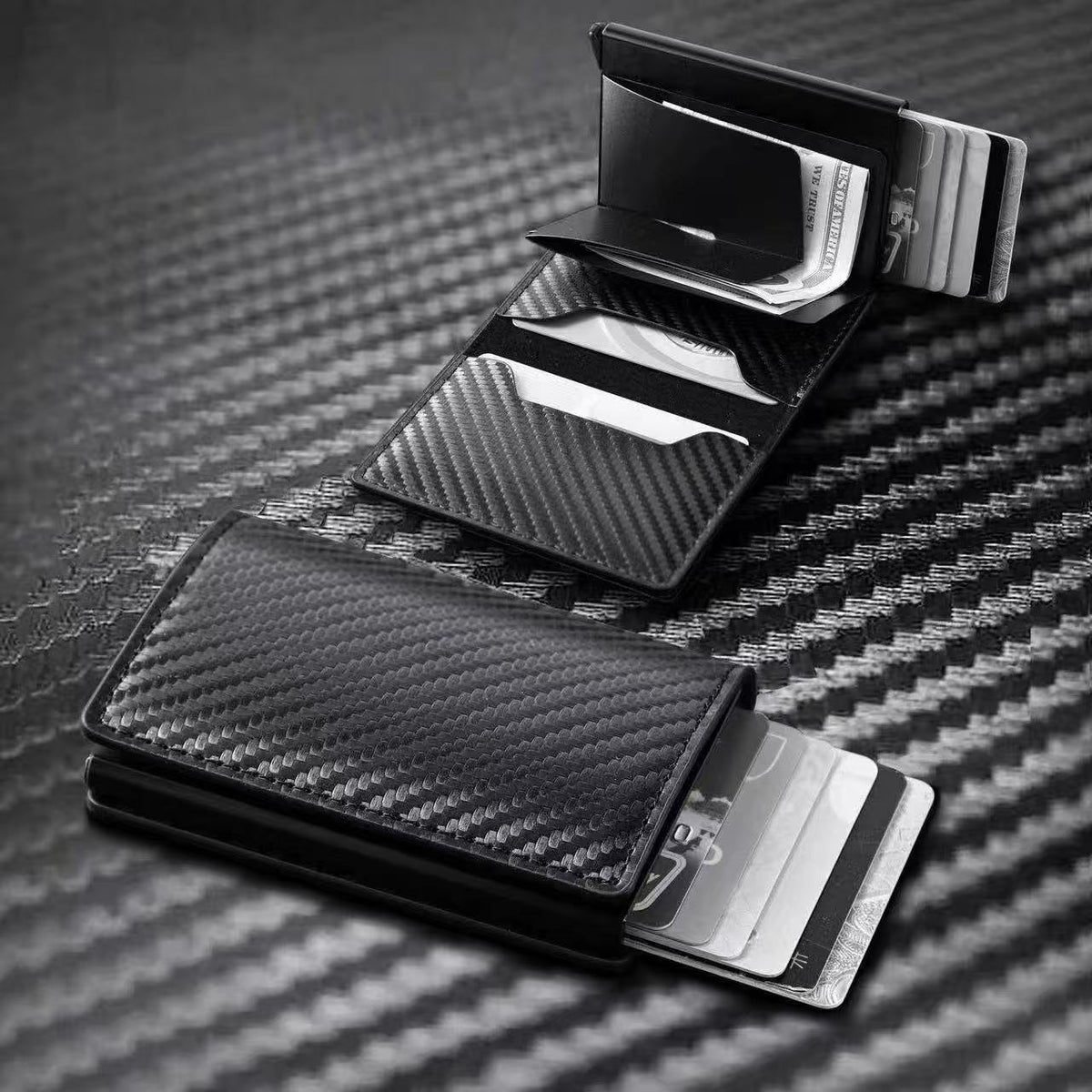 Carbon fiber aluminum alloy men's card holder with automatic pop-up anti-theft feature, car key case, multifunctional card storage box - image 2