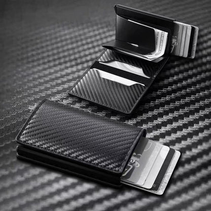 Carbon fiber aluminum alloy men's card holder with automatic pop-up anti-theft feature, car key case, multifunctional card storage box - image 2