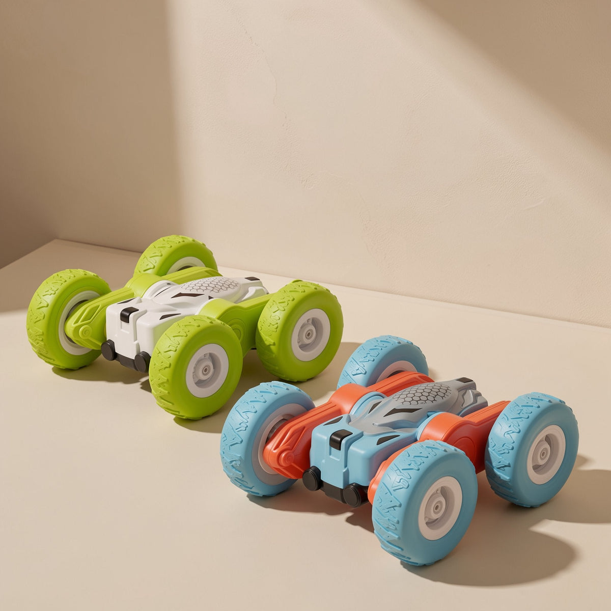 Mini plastic double-sided remote-control stunt car with a handheld controller and lighting feature