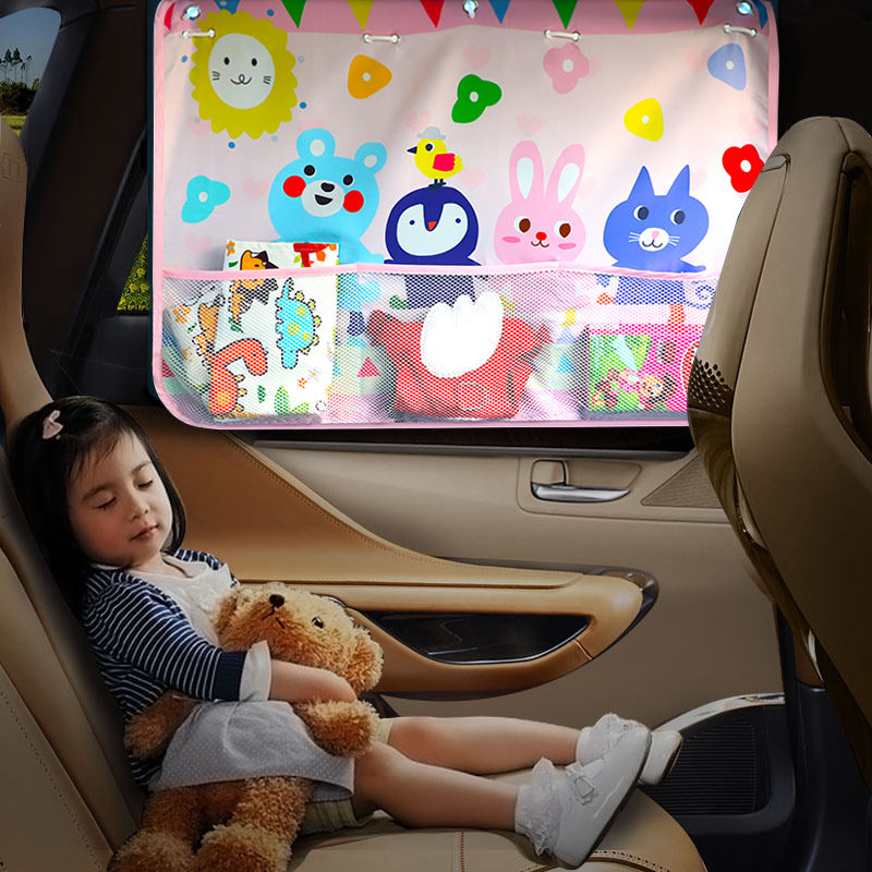 Car sunshade children's sun protection and heat insulation cute cartoon rear side window baby's shading belt net pocket car curtain - image 1