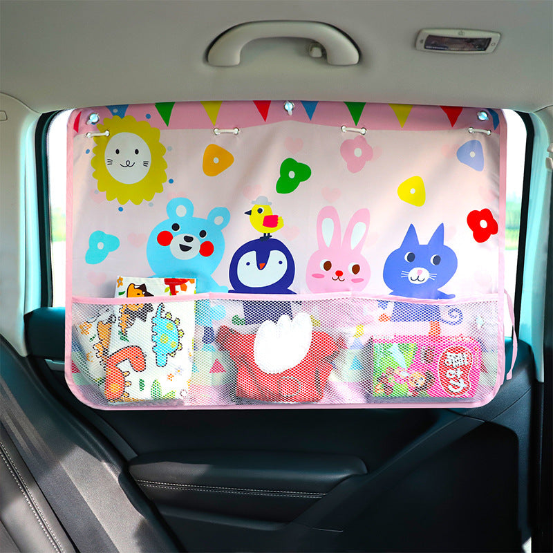 Car sunshade children's sun protection and heat insulation cute cartoon rear side window baby's shading belt net pocket car curtain - image 3