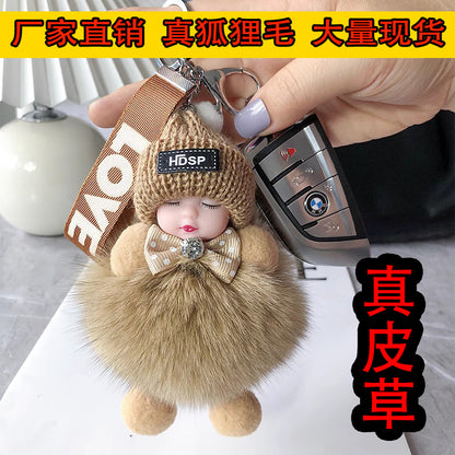 Real fox fur ball pendant cute plush doll sleep doll car key chain bag accessories wholesale generation - image 1