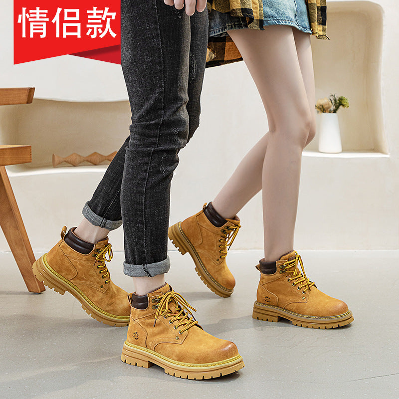 3008-2 European Retro Motorcycle Martin Boots for Women with Hidden Height Increase and Thick Soles, Workwear Short Boots, Couple Style Yellow Boots for Men - image 1