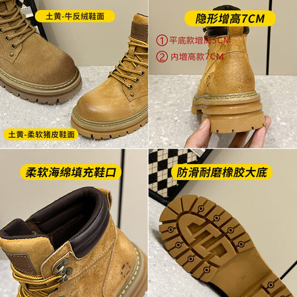 3008-2 European Retro Motorcycle Martin Boots for Women with Hidden Height Increase and Thick Soles, Workwear Short Boots, Couple Style Yellow Boots for Men - image 2