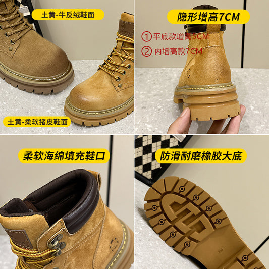 3008-2 European Retro Motorcycle Martin Boots for Women with Hidden Height Increase and Thick Soles, Workwear Short Boots, Couple Style Yellow Boots for Men - image 2