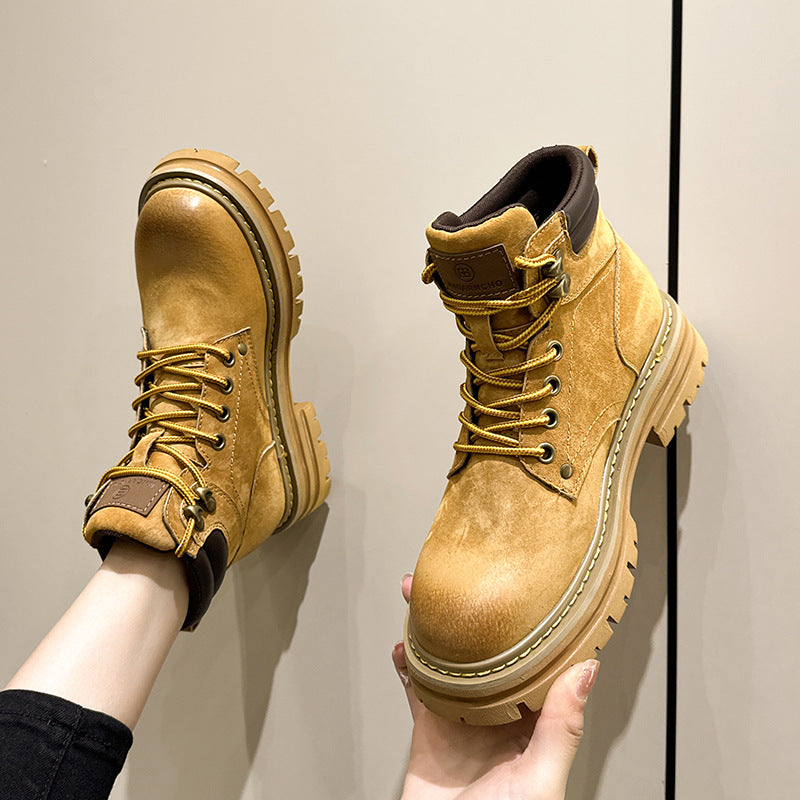 3008-2 European Retro Motorcycle Martin Boots for Women with Hidden Height Increase and Thick Soles, Workwear Short Boots, Couple Style Yellow Boots for Men - image 4
