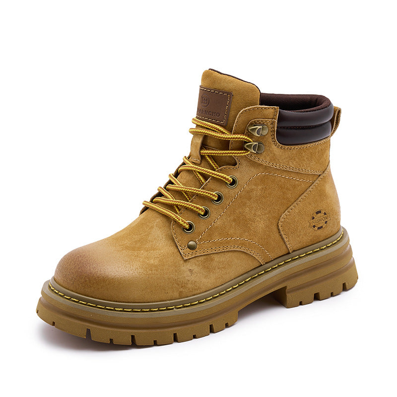 3008-2 European Retro Motorcycle Martin Boots for Women with Hidden Height Increase and Thick Soles, Workwear Short Boots, Couple Style Yellow Boots for Men - image 5
