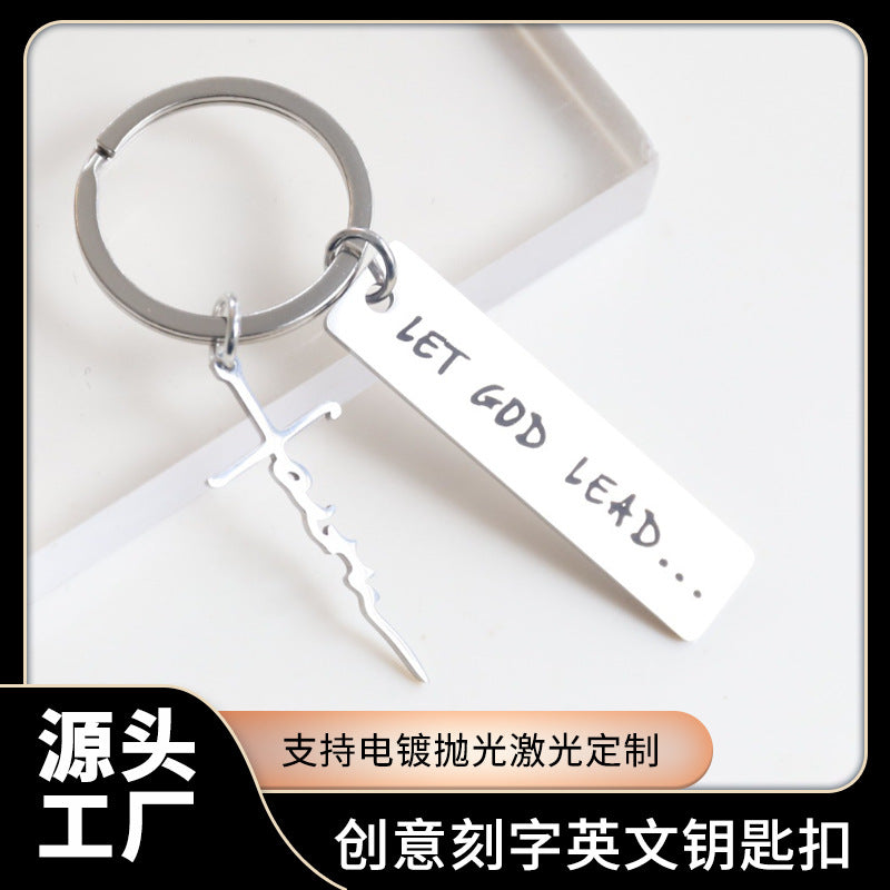 Cross-border straight hair stainless steel keychain creative lettering English tag car key pendant metal keychain accessories - image 1