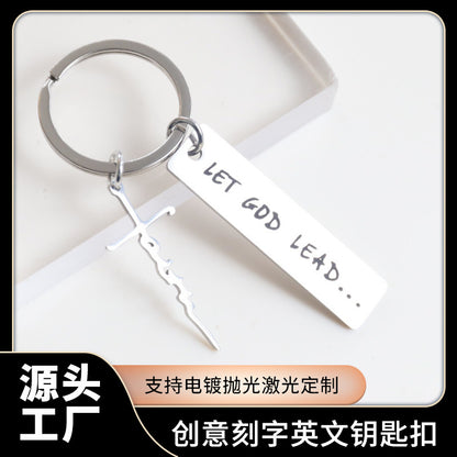 Cross-border straight hair stainless steel keychain creative lettering English tag car key pendant metal keychain accessories - image 1
