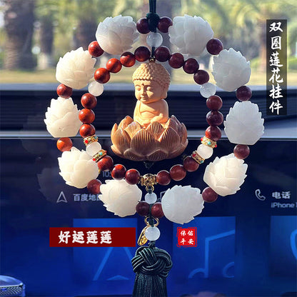 Car Hanging Decoration Boxwood Single Ring Double Ring Small Buddha Pendant Car Bodhi Lotus Car Interior Rearview Mirror Decoration Supplies - image 1