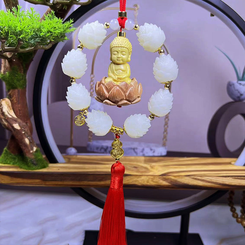 Car Hanging Decoration Boxwood Single Ring Double Ring Small Buddha Pendant Car Bodhi Lotus Car Interior Rearview Mirror Decoration Supplies - image 2