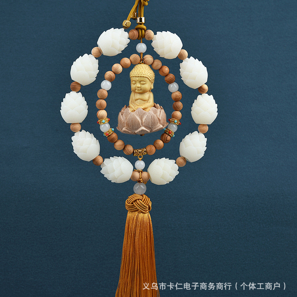 Car Hanging Decoration Boxwood Single Ring Double Ring Small Buddha Pendant Car Bodhi Lotus Car Interior Rearview Mirror Decoration Supplies - image 3