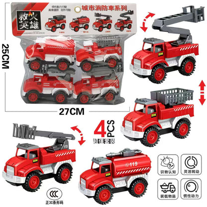 Free Shipping Children's Toy Car Card Bag Four Pack Inertia Fire Truck Engineering Vehicle suit Stall Supply Small Gift - image 3