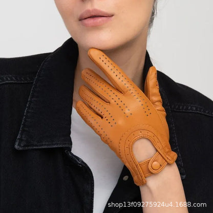 Cross-Border Genuine Leather Gloves for Women, Spring and Autumn Thin Style, for Driving and Cycling, Vintage Motorcycle Breathable Perforated Top-Layer Lambskin - image 1