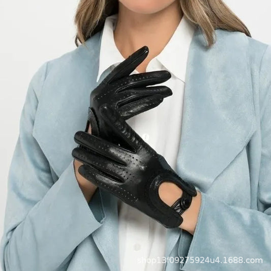 Cross-Border Genuine Leather Gloves for Women, Spring and Autumn Thin Style, for Driving and Cycling, Vintage Motorcycle Breathable Perforated Top-Layer Lambskin - image 2