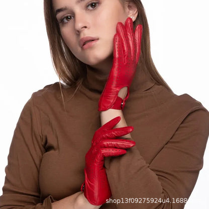 Cross-Border Genuine Leather Gloves for Women, Spring and Autumn Thin Style, for Driving and Cycling, Vintage Motorcycle Breathable Perforated Top-Layer Lambskin - image 3