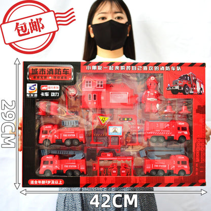 Free Shipping Children's Construction Vehicle Toy Gift Box Set, Inertia Pull-Back Excavator, Fire Truck, Street Vendor Goods, Gift Wholesale - image 3