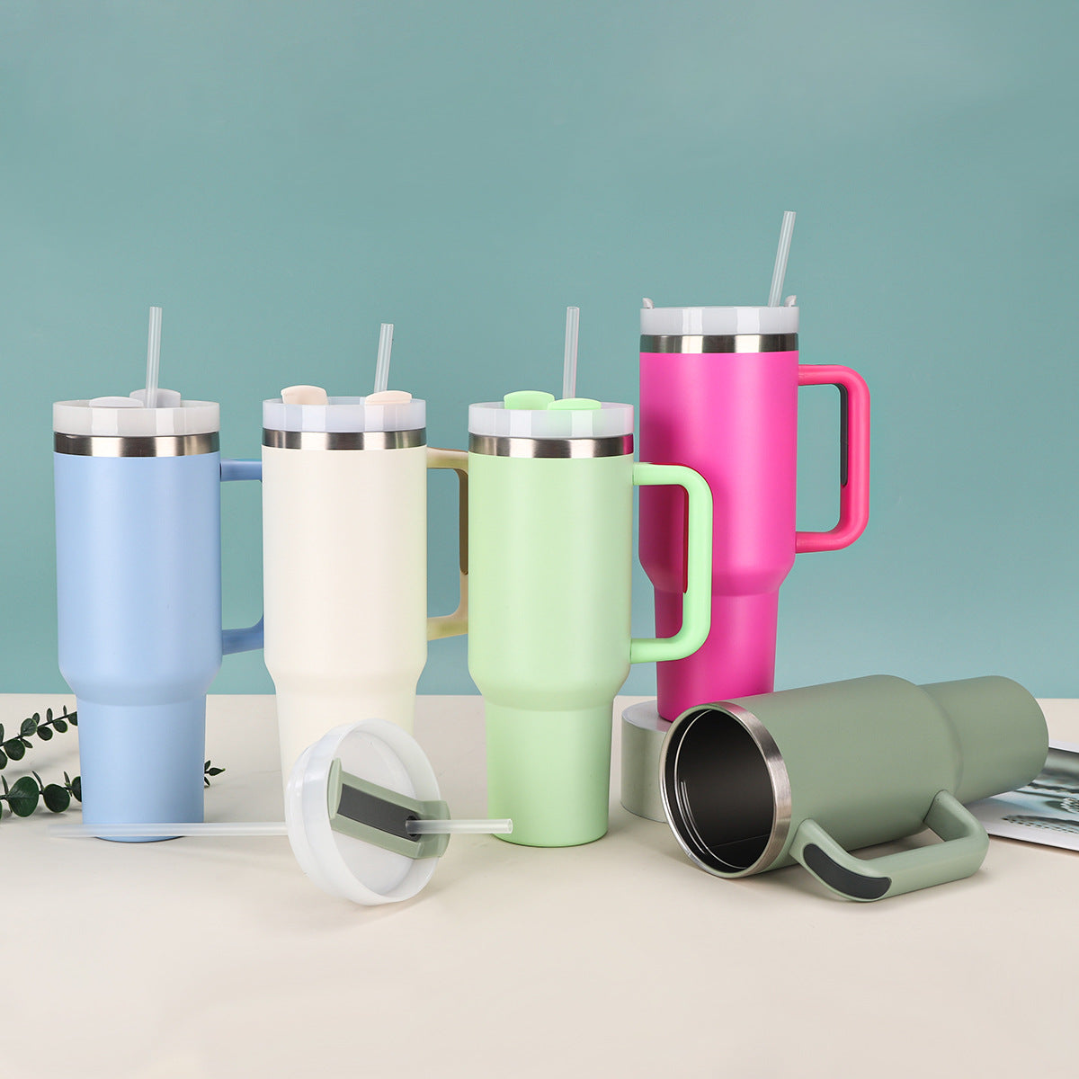 Cross-Border Second Generation 40oz Car Cup 304 Stainless Steel Vacuum Insulated Cup Large Capacity Handle Straw Ice Cup - image 3